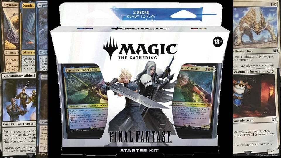 Magic: The Gathering - Final Fantasy Starter Kit Leak, image of Starter Kit with parts of the cards leaked behind it