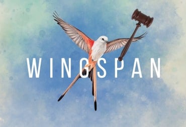 Wingspan bird holding a gavel behind the name Wingspan in the sky