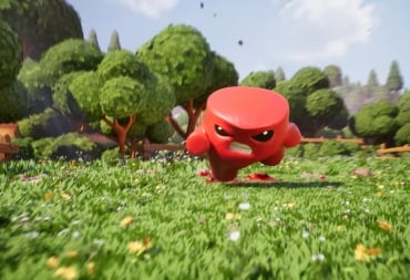 Meat Boy running in a field with a determined face.