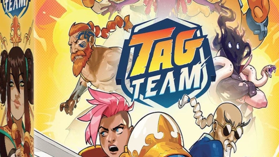 A man with tattoos, a knight, a pile of snakes, and a martial arts master on a game box. The logo "Tag Team" is in the center.