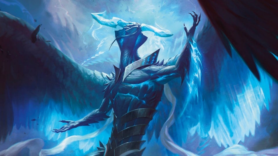 A large humanoid looking dragon with black and glowing blue scales and gigantic wings.