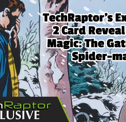 An image of Peter Parker standing at his uncle's grave with text saying this is our 2 card reveal for the MTG spider-man set