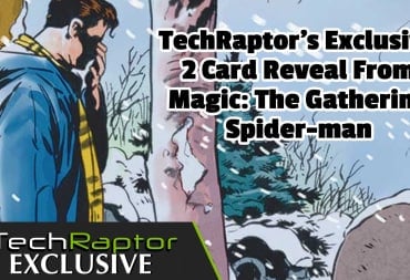 An image of Peter Parker standing at his uncle's grave with text saying this is our 2 card reveal for the MTG spider-man set