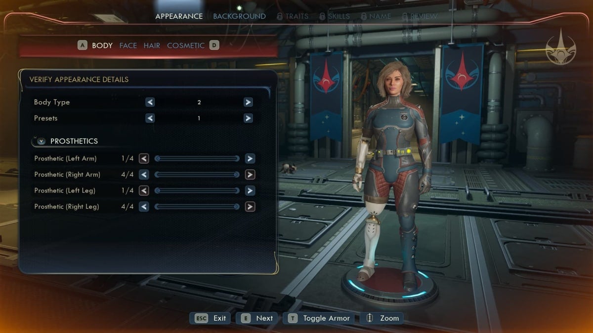 Character creation with disability inclusion with prosthetics in The Outer Worlds 2