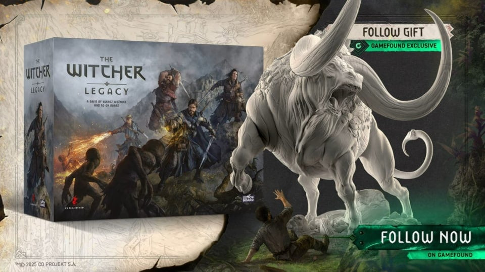 Box art of The Witcher Legacy, showing a man in armor with a sword. There is a miniature of a giant bulllike monster next to the box.
