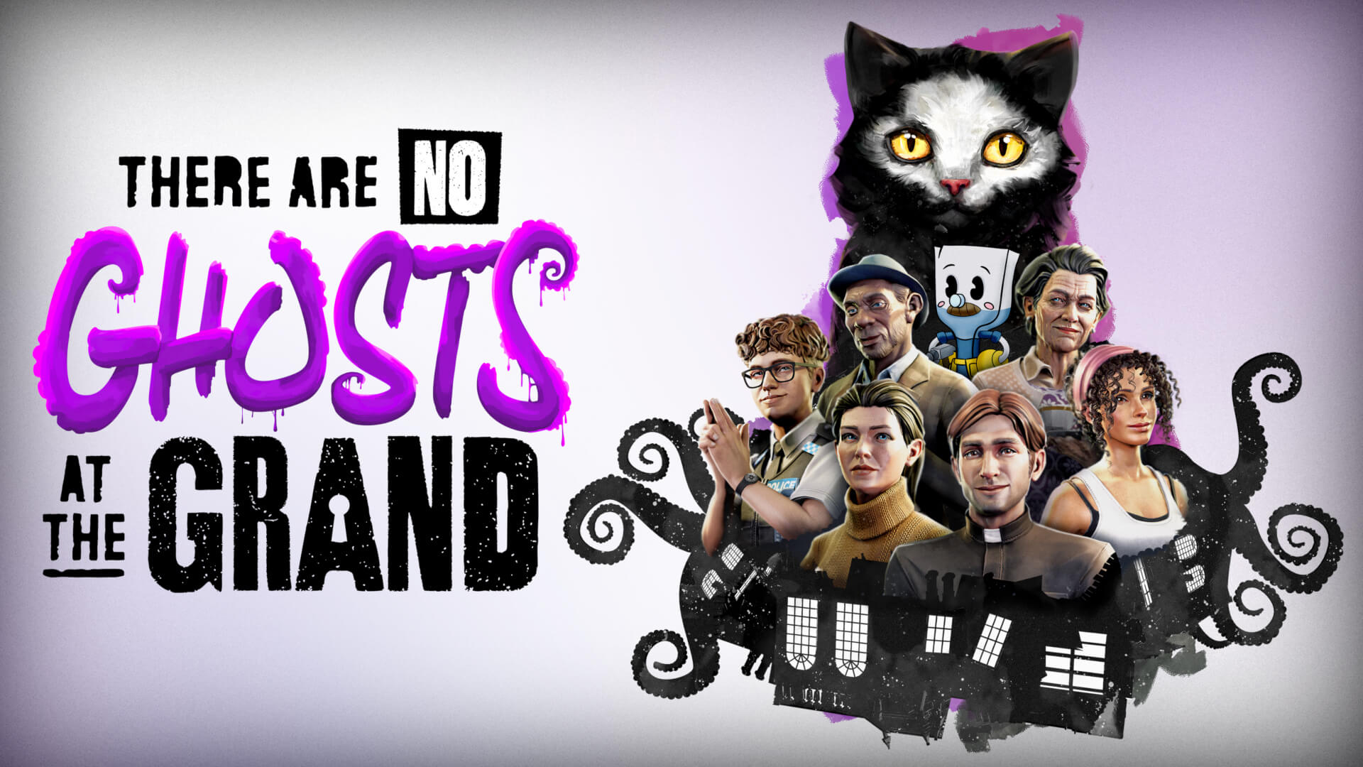 Key art for There Are No Ghosts at the Grand, which shows several of its characters and one very cute cat