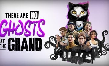 Key art for There Are No Ghosts at the Grand, which shows several of its characters and one very cute cat