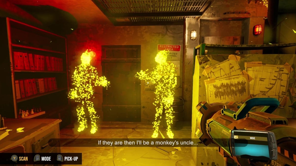 Two memory characters talking in a bunker in There Are No Ghosts at the Grand