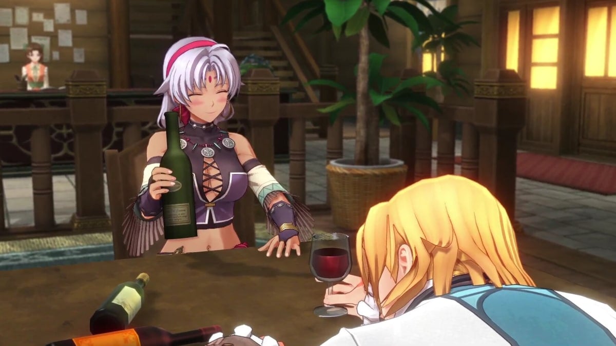 Trails in the Sky 1st Chapter's Scherazard and Olivier having too much to drink at The Kingfisher Inn.