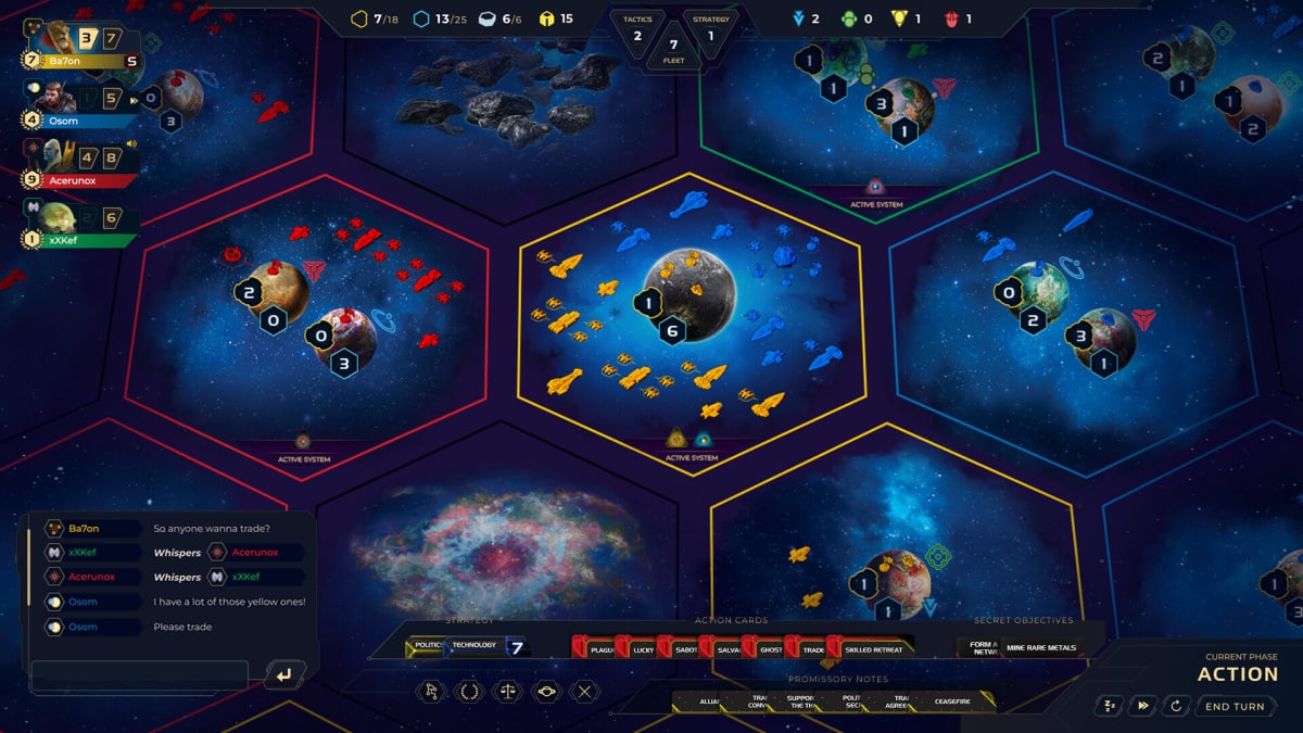 A board full of planets surrounded by hexagons in Twilight Imperium Digital