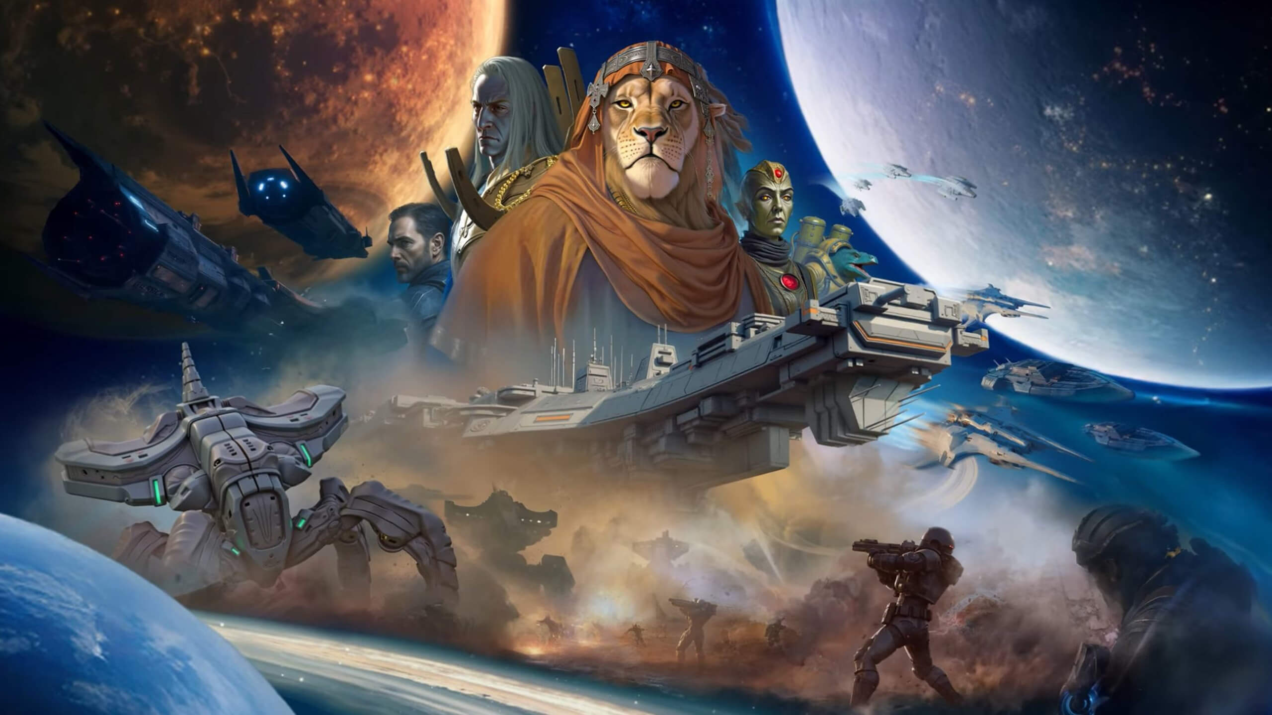 Artwork for Twilight Imperium Digital, which depicts several characters and ships against a space background