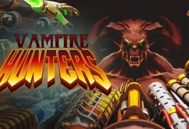 A spread-shot cover of Vampire Hunters, showcasing the games titular feature of equipping multiple different weapons at once, all of them aiming at a satanic creature.