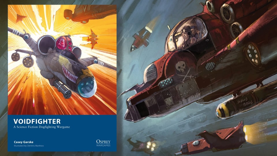 Header image for our Voidfighter Review featuring the game book and artwork of a space fighter pilot