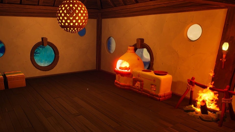 A Cooking Station and a Campfire Cooking Food Indoors in Voyagers of Nera