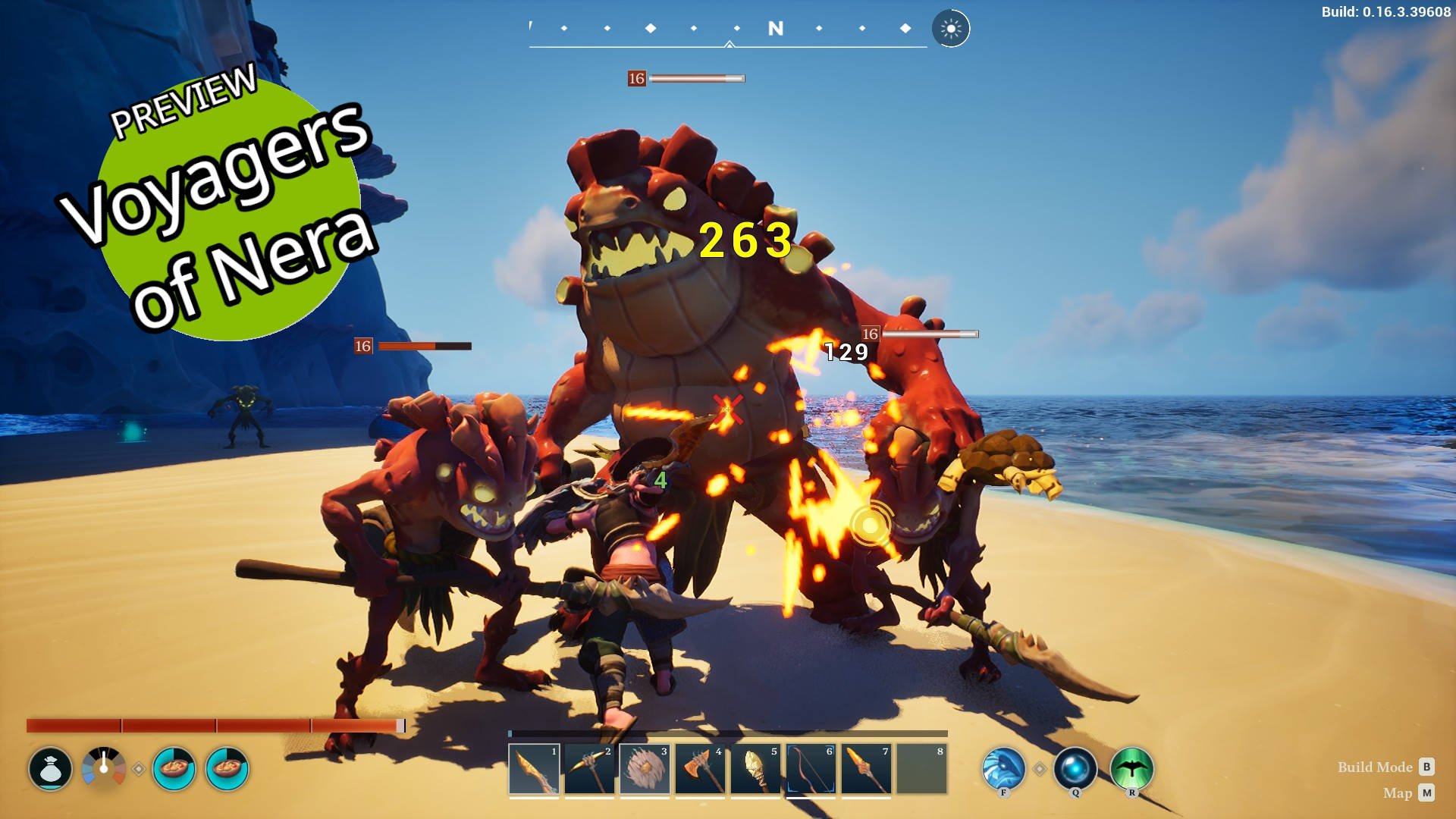 Fighting Deeplings on a Beach in The Reef in Voyagers of Nera with the Game Name in a Circle at the Top Left
