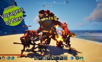 Fighting Deeplings on a Beach in The Reef in Voyagers of Nera with the Game Name in a Circle at the Top Left