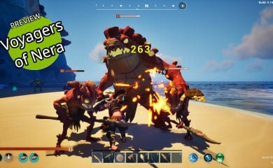 Fighting Deeplings on a Beach in The Reef in Voyagers of Nera with the Game Name in a Circle at the Top Left