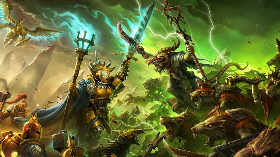 A fantasy battlefield with men in armor fighting giant armored humanoid rats.