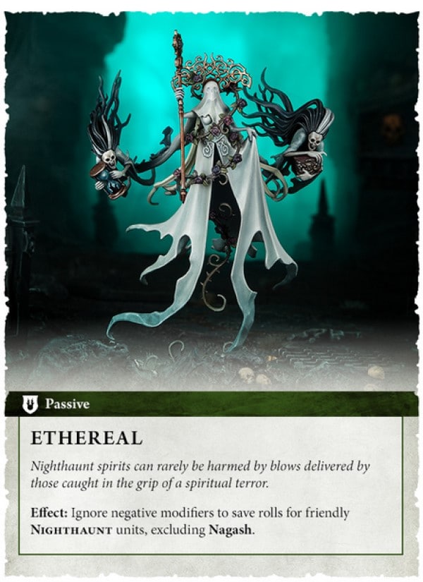 A picture of a Nighthaunt ghost unit with a textbox describing the Ethereal game effect.