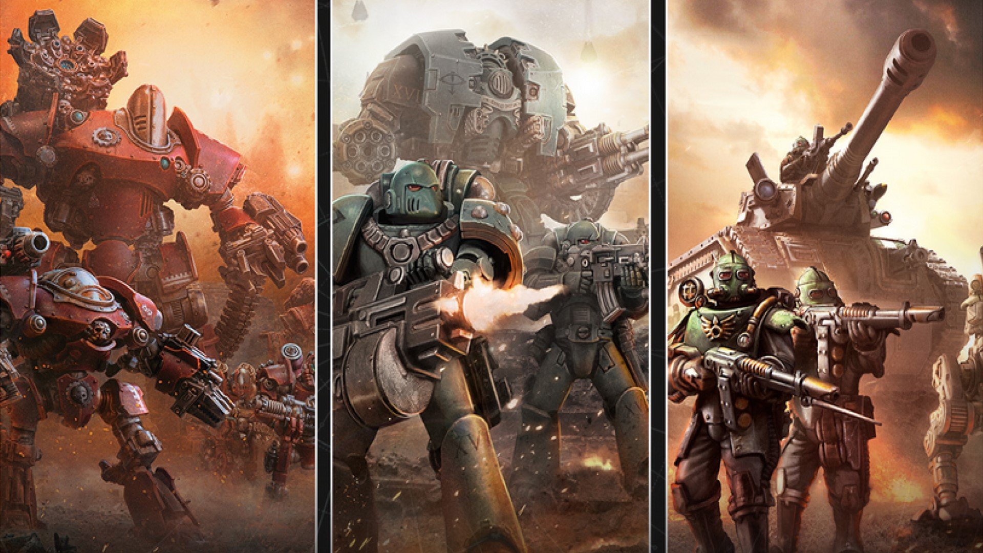 Three images of soldiers, mechs, and space marines on a battlefield.