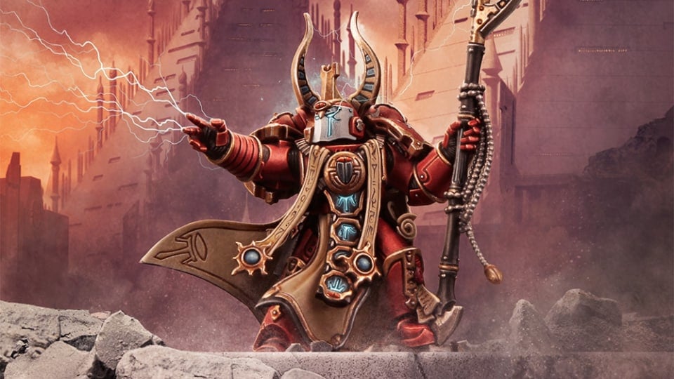 A soldier in red Egytian-themed armor wielding a staff with lightning coming out of his hands.