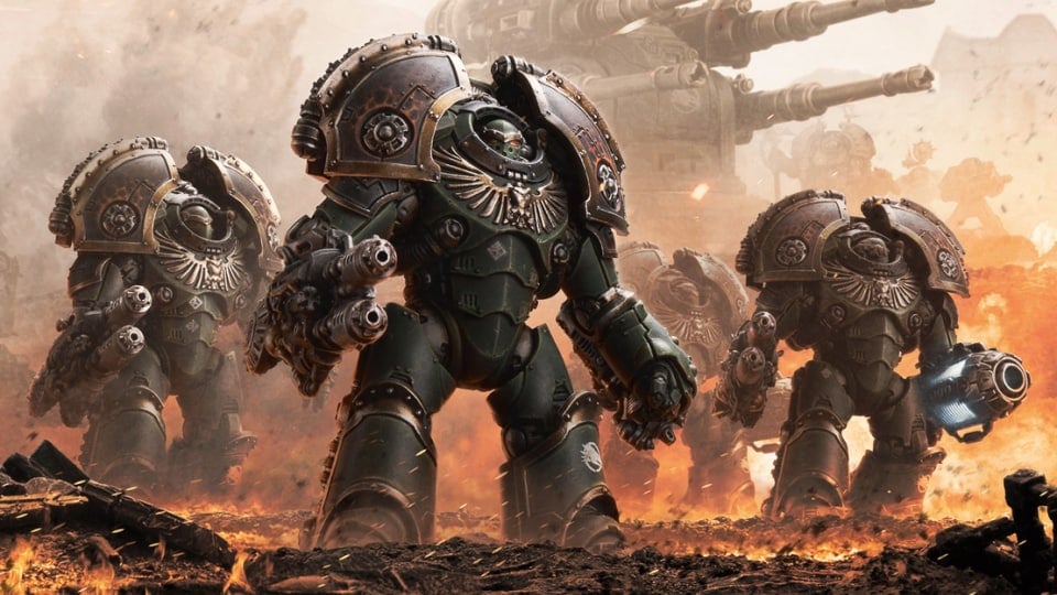 Three Saturnine Terminators on a wartorn battlefield.