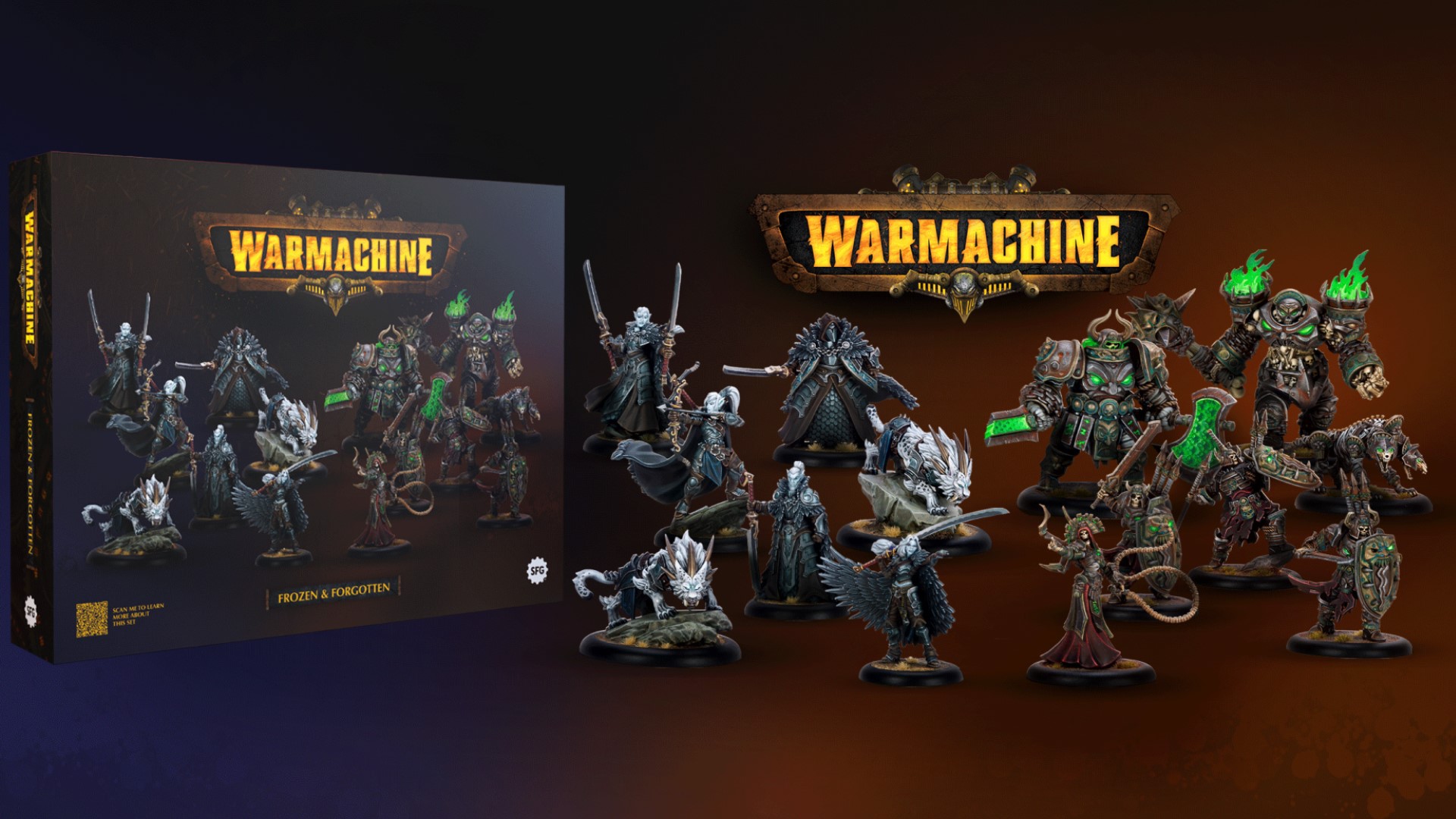 A Warmachine game box on a dark blue and dark red background. Several robot miniatures are in the front