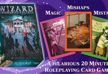 A banner showing the Wizard Community College game box and three images of wizard students getting into shenanigans.
