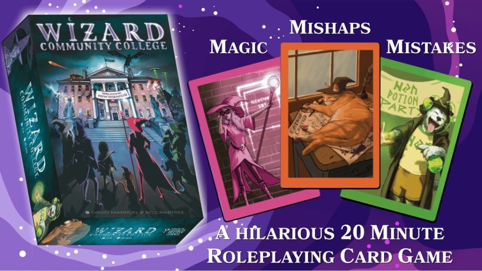 A banner showing the Wizard Community College game box and three images of wizard students getting into shenanigans.