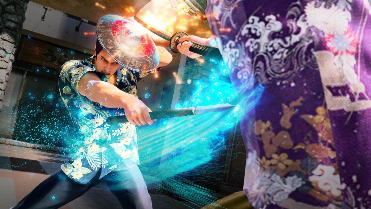 Kazuma Kiryu raising his shield to block an enemy attack in Yakuza Kiwami 3