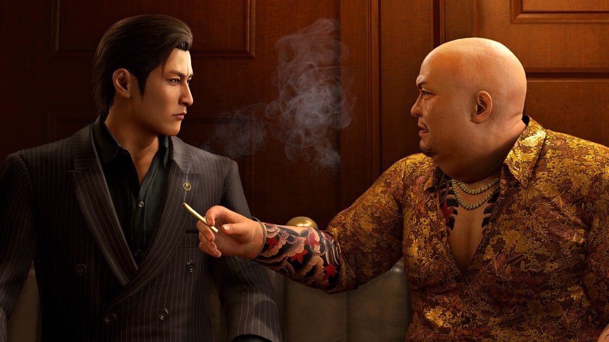 A character handing Yoshitaka Mine a cigarette in Yakuza Kiwami 3 and its Dark Ties expansion