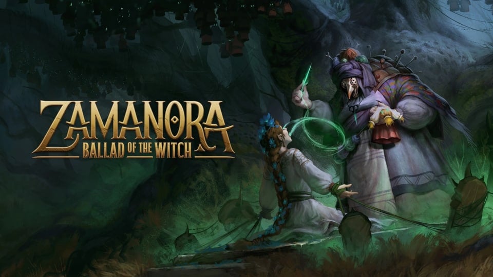 A witch covered in cloth and quilts holding a doll standing in front of a kneeling girl while holding a needle. Both are in the middle of an overgrown forest.